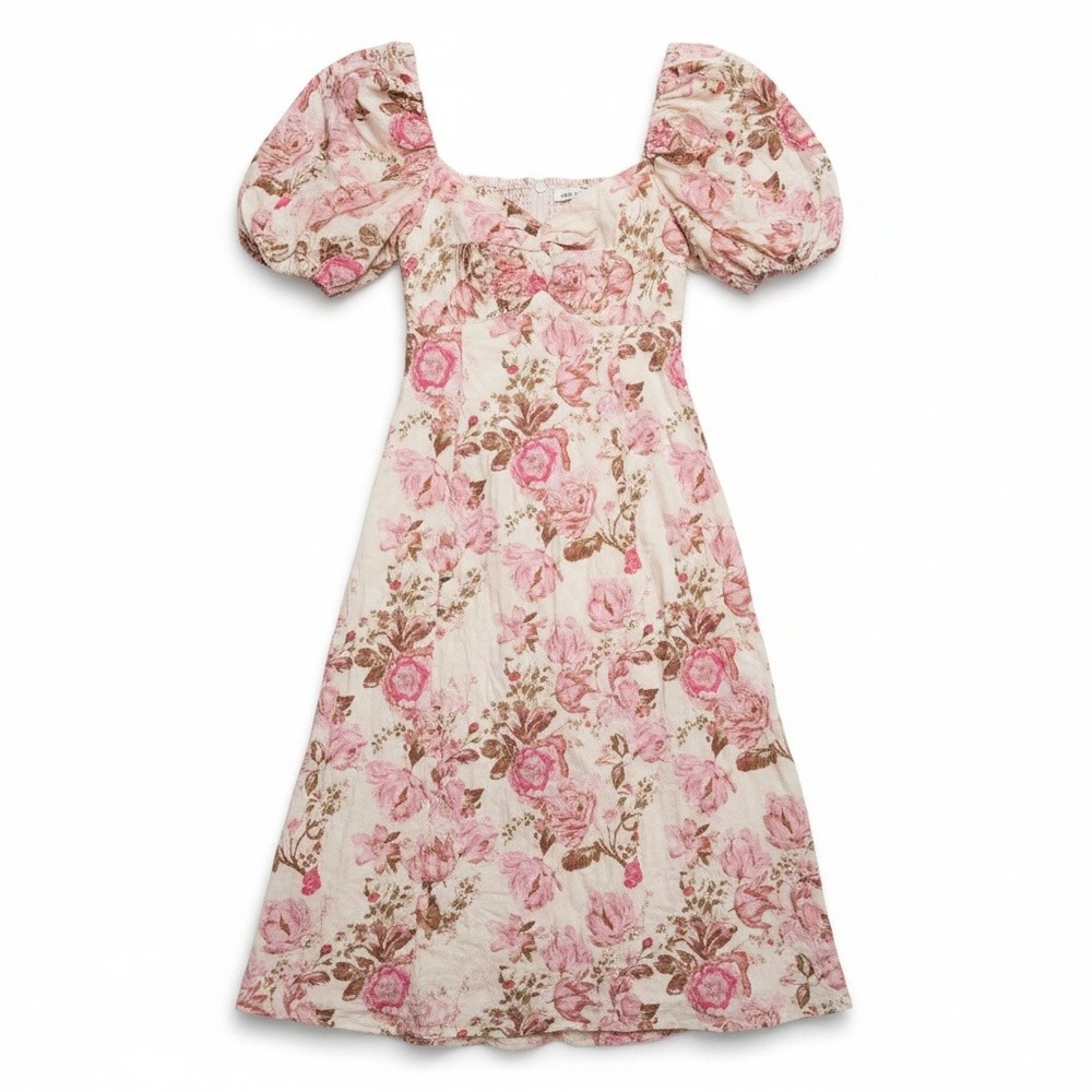 Avec Les Filles Floral Linen Blend Puff Sleeve Cottagecore Midi Dress Pink 14